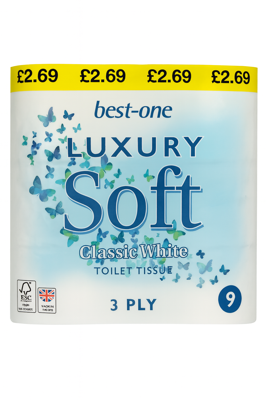 Best one luxury soft classic white toilet tissue 3ply 9 rolls