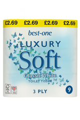 Best one luxury soft classic white toilet tissue 3ply 9 rolls
