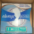 Always Infinity FlexProtect Sanitary Towels, Size 1 Normal, 1 Pack 12 Count, Unscented, for up to Zero Feel & Zero Leaks, Super Absorbent & Flexible Protection