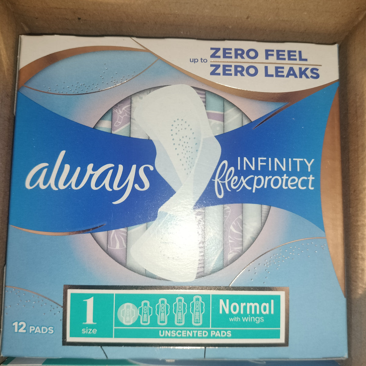 Always Infinity FlexProtect Sanitary Towels, Size 1 Normal, 1 Pack 12 Count, Unscented, for up to Zero Feel & Zero Leaks, Super Absorbent & Flexible Protection