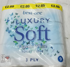 Best one luxury soft classic white toilet tissue 3ply 9 rolls