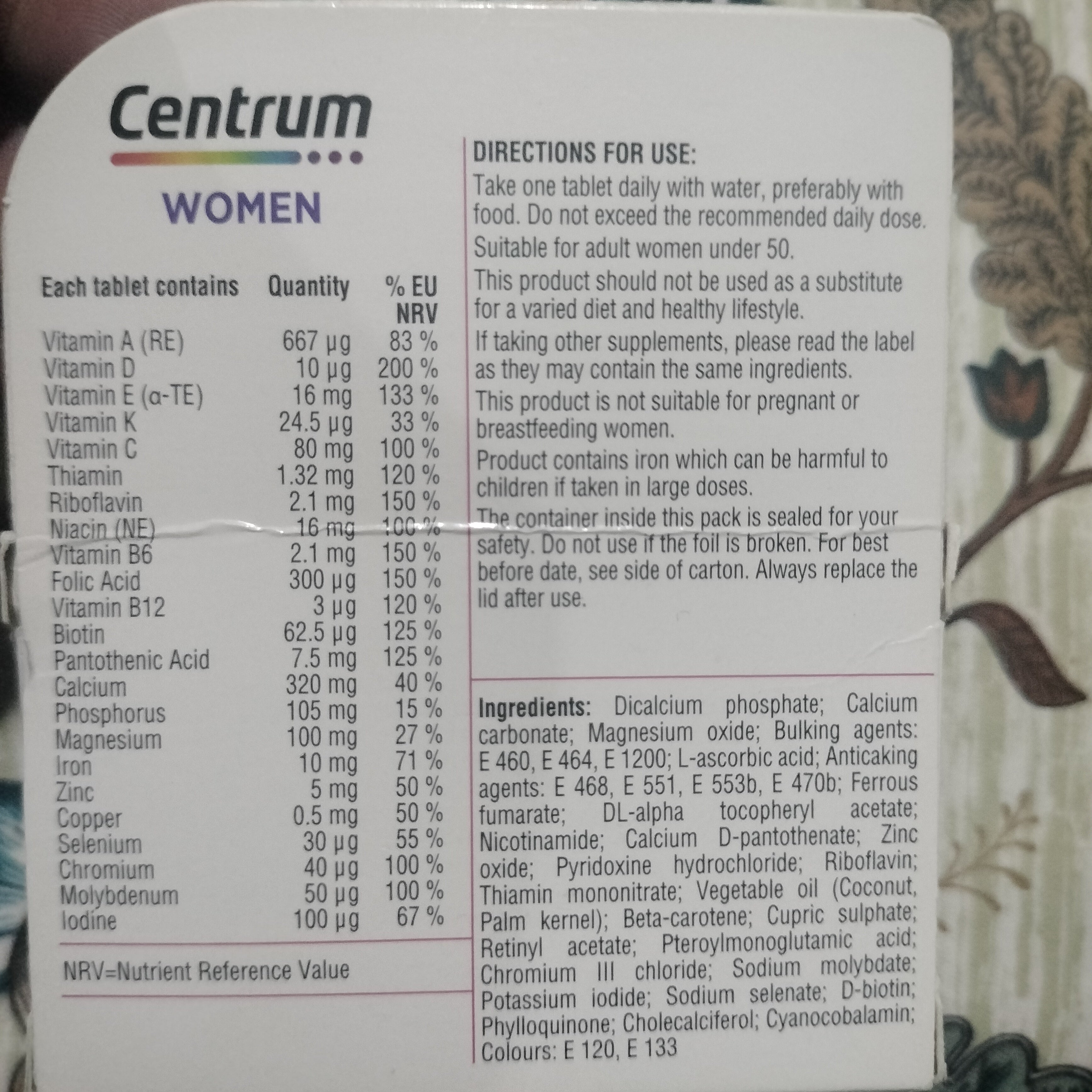 Centrum Women Tablets Multivitamin & Mineral Supplements, with 23 Essential nutrients Including Vitamin D, C, and Iron, 30 ct
