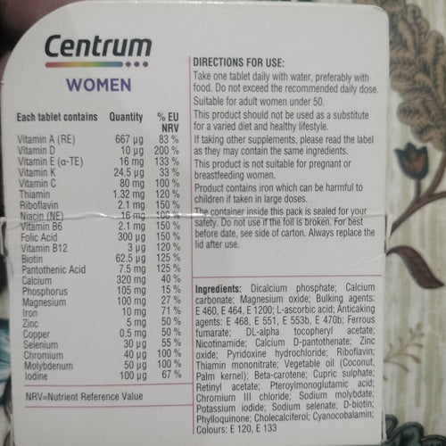 Centrum Women Tablets Multivitamin & Mineral Supplements, with 23 Essential nutrients Including Vitamin D, C, and Iron, 30 ct