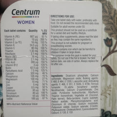 Centrum Women Tablets Multivitamin & Mineral Supplements, with 23 Essential nutrients Including Vitamin D, C, and Iron, 30 ct