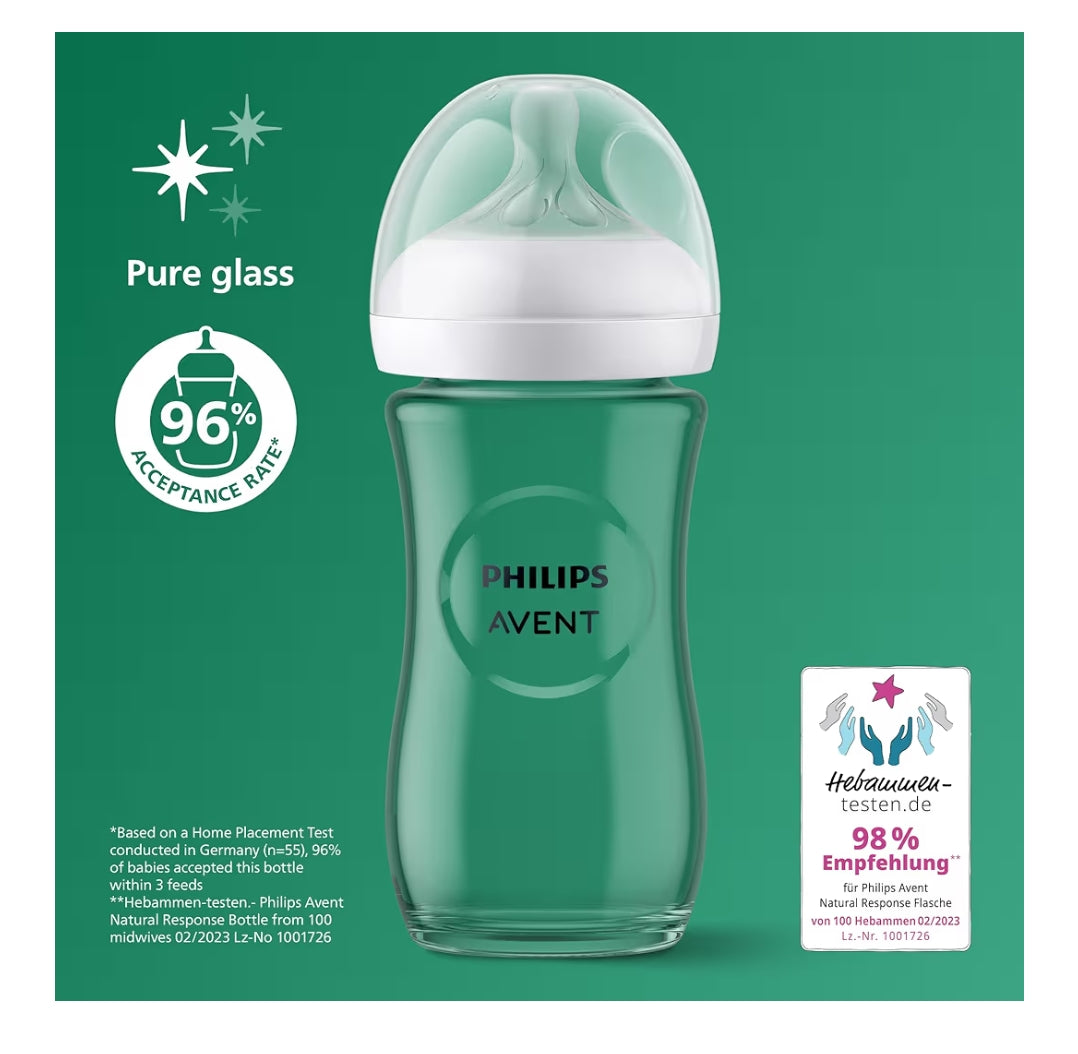 Philips Avent Natural Response Glass Baby Bottles 8oz/240 ml with Medium Flow Teats (Flow 3), 2 Pack, SCY933/02
