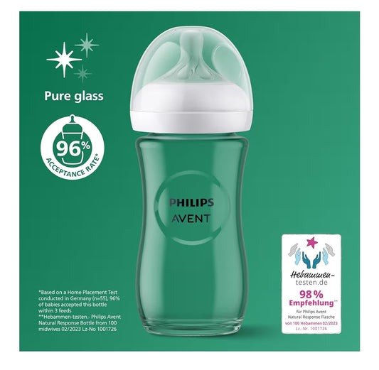 Philips Avent Natural Response Glass Baby Bottles 8oz/240 ml with Medium Flow Teats (Flow 3), 2 Pack, SCY933/02