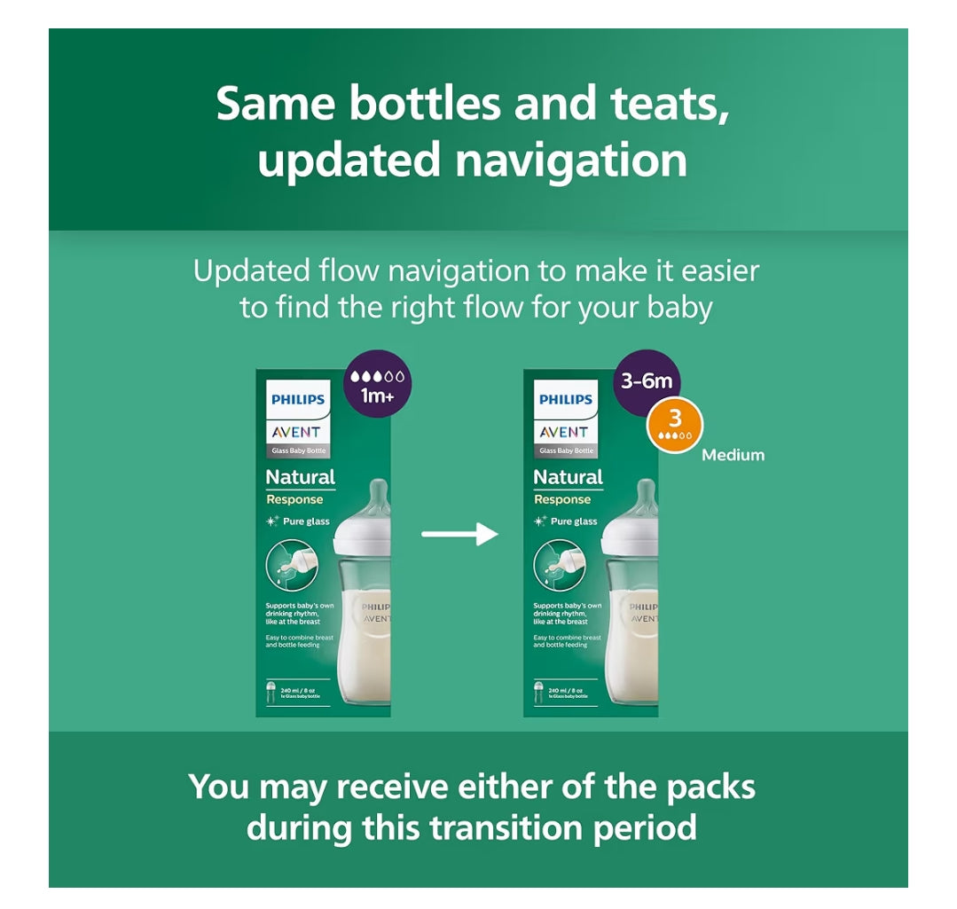 Philips Avent Natural Response Glass Baby Bottles 8oz/240 ml with Medium Flow Teats (Flow 3), 2 Pack, SCY933/02