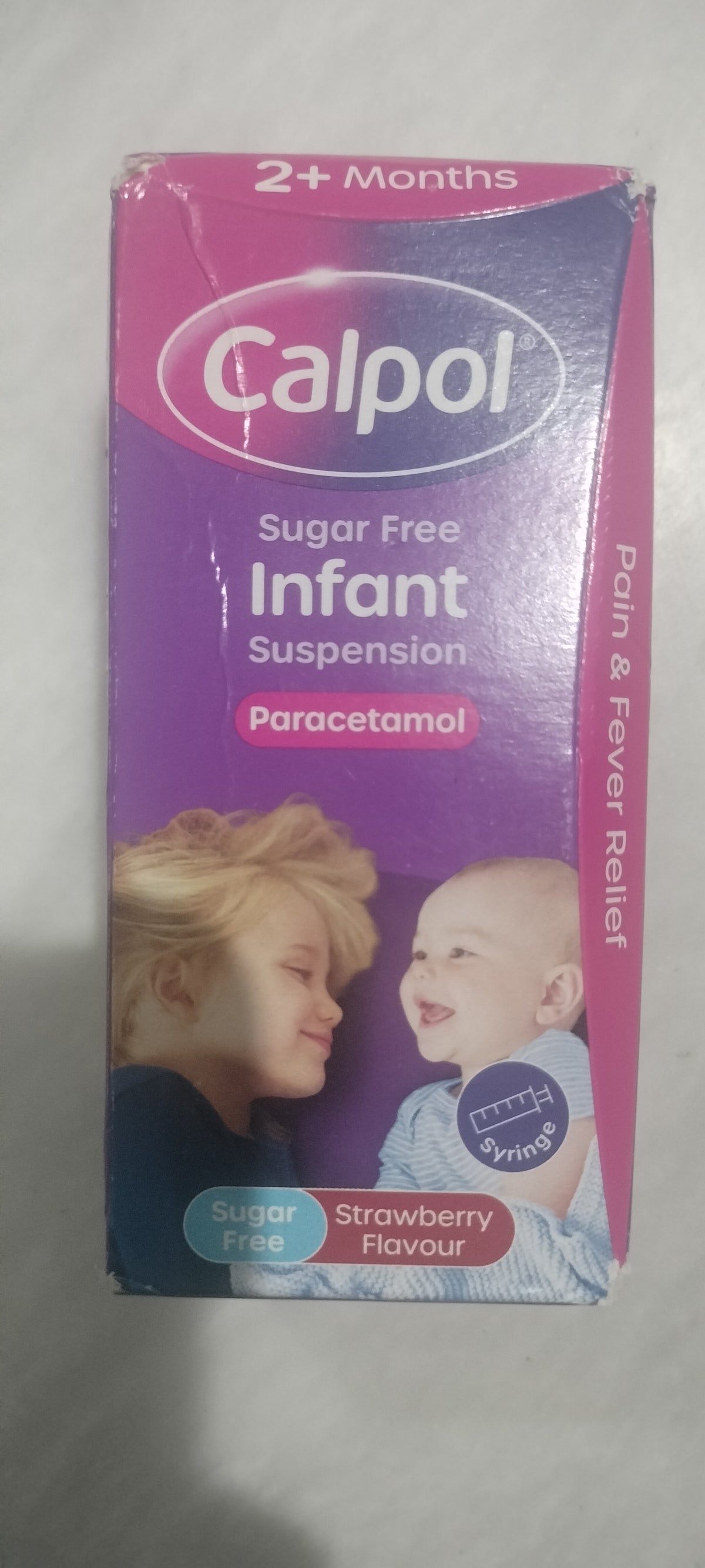 Calpol Sugar-Free Infant Suspension Paracetamol 100ml syrup 
Strawberry Flavour Calpol Infant with Paracetamol for Fever and Pain Relief, Suitable for 2+ Months Babies and Kids