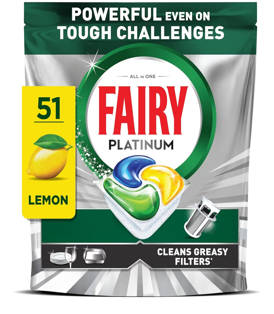 Fairy Platinum Dishwasher Tablets, Lemon, 51 Capsules, Powerful Even On Tough Cleaning Challenges, Clean Dishes, Shiny Machine, Cleans Greasy Filter