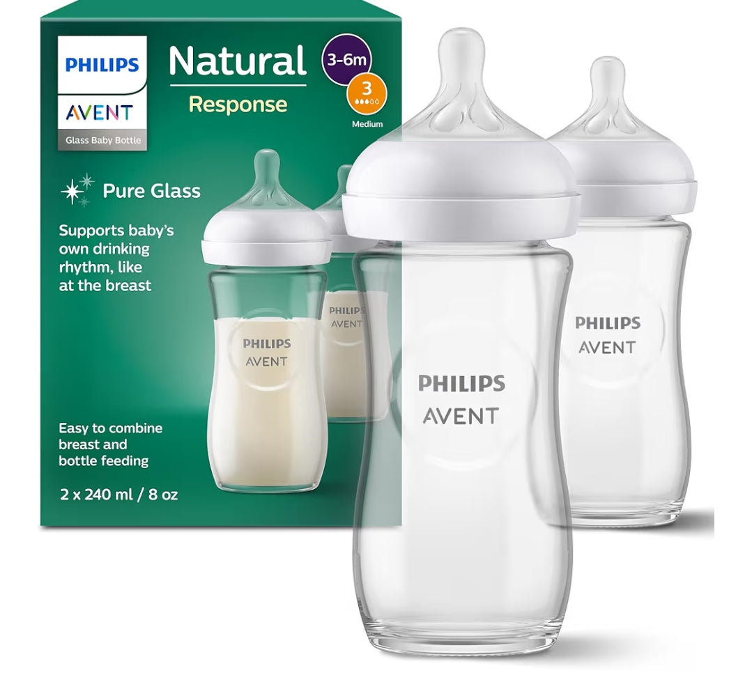 Philips Avent Natural Response Glass Baby Bottles 8oz/240 ml with Medium Flow Teats (Flow 3), 2 Pack, SCY933/02