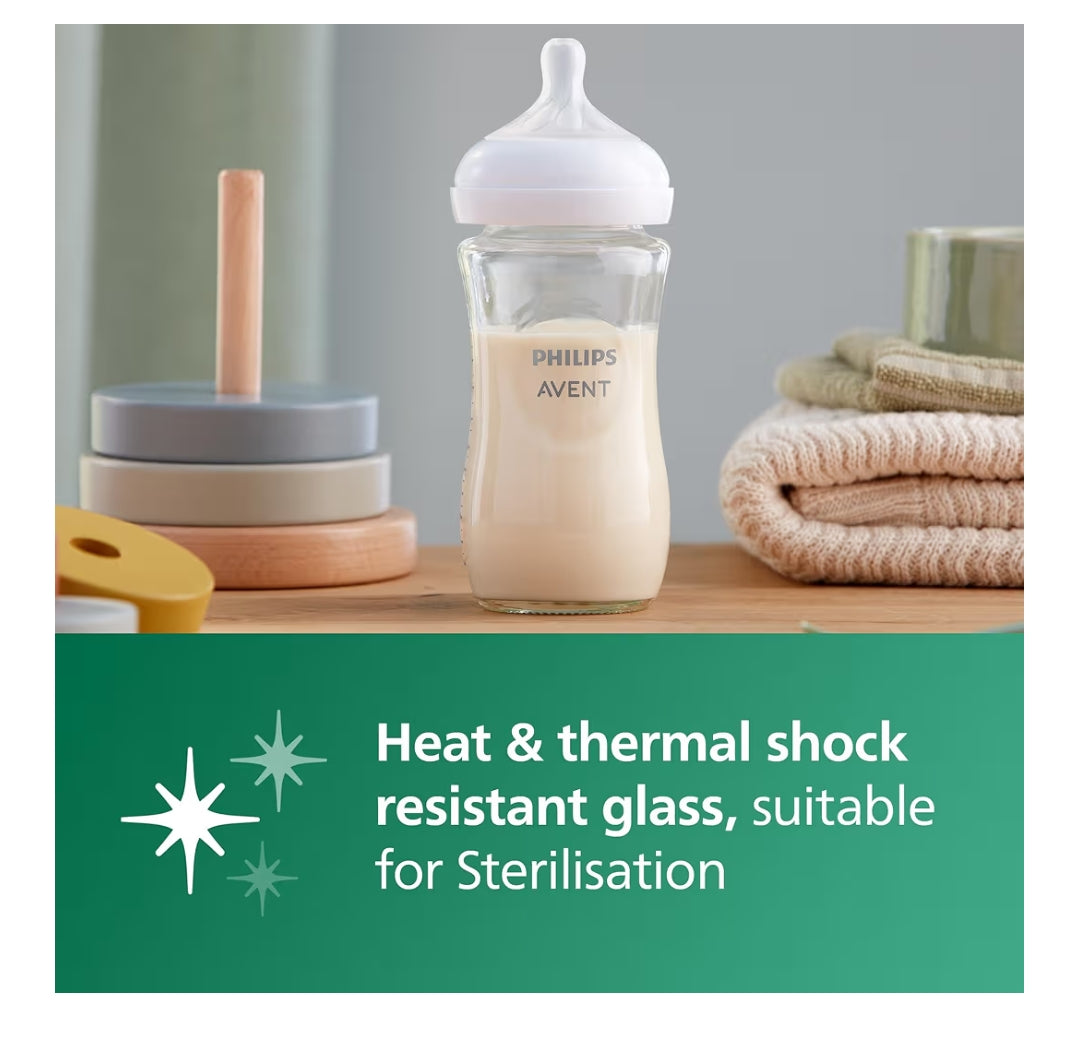 Philips Avent Natural Response Glass Baby Bottles 8oz/240 ml with Medium Flow Teats (Flow 3), 2 Pack, SCY933/02