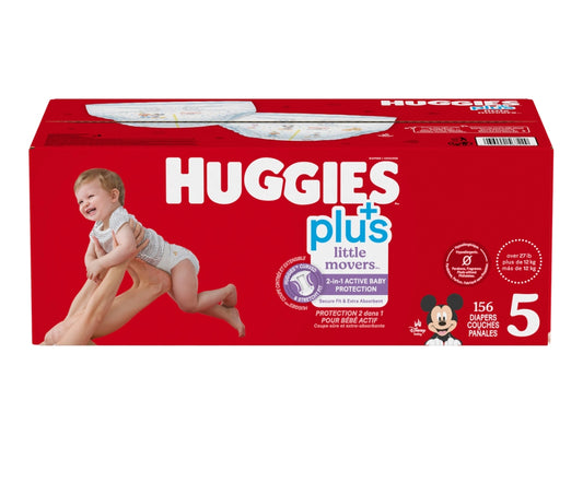 Huggies Plus Little Movers Size 5 Diapers - 12kg+, 156pcs - Ultra Soft & Absorbent