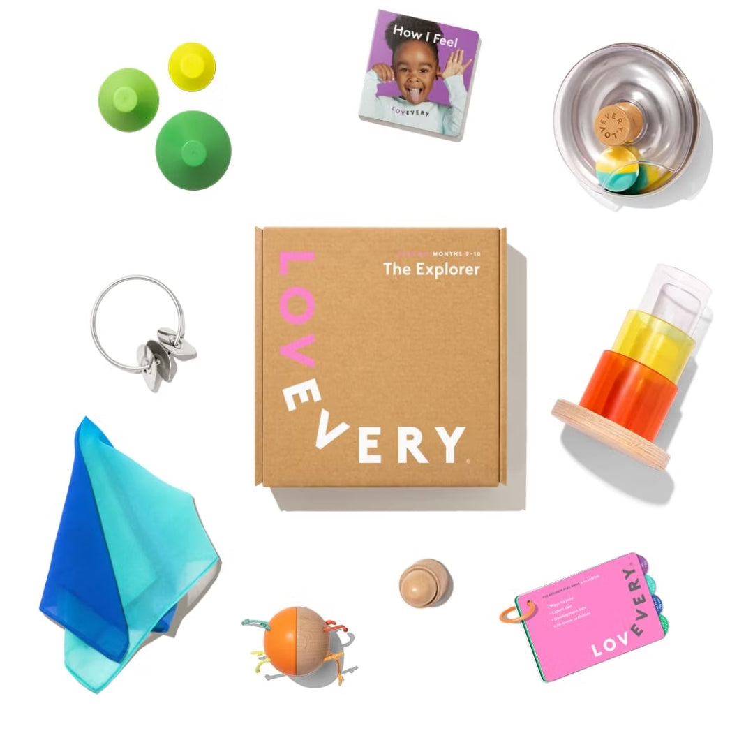 LOVEVERY, The Explorer Play Kit + Bonus Book, Baby Development Toys and Gift, Newborn Essentials Including Montessori Toys for Cause and Effect and pincer Grasp Development, 9-10+ Months